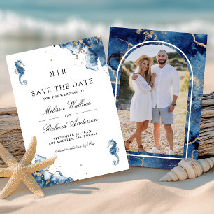Nautical Navy Blue Monogram Seahorse Wedding Photo Save The Date