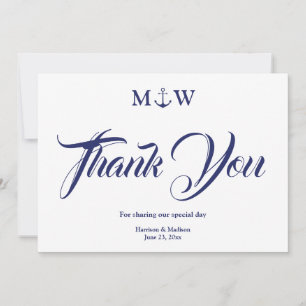 Nautical navy blue monogram Wedding Thank You card