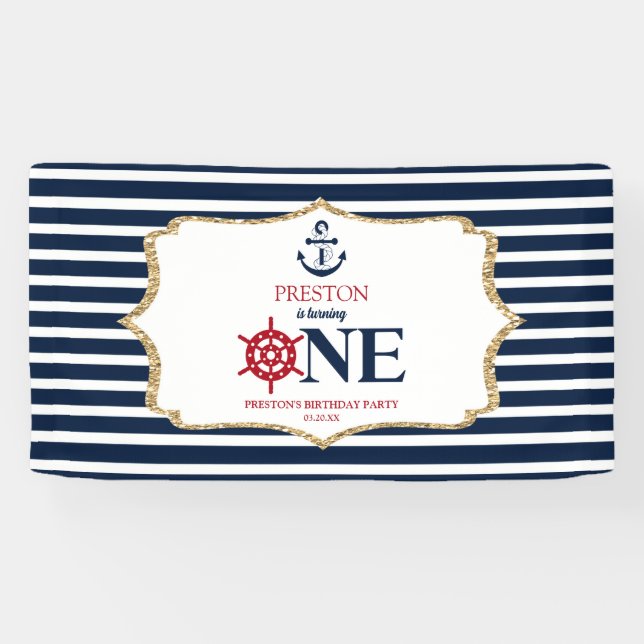 Nautical Navy Blue ONE First 1st Birthday Party Banner (Horizontal)