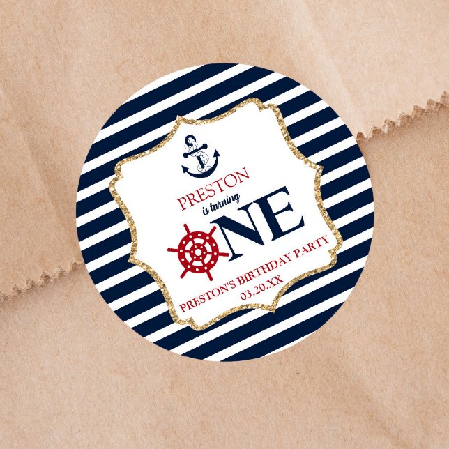 Nautical Navy Blue ONE First 1st Birthday Party Classic Round Sticker (Creator Uploaded)