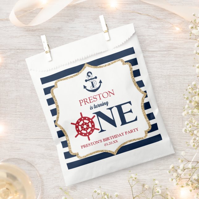 Nautical Navy Blue ONE First 1st Birthday Party Favour Bags (Clipped)