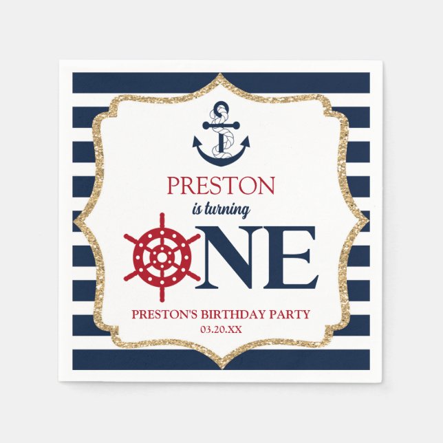 Nautical Navy Blue ONE First 1st Birthday Party Napkin (Front)