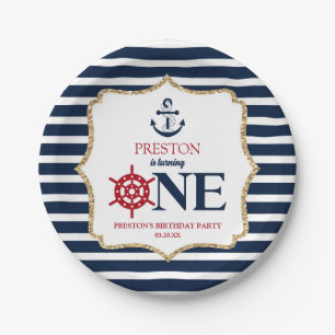 Nautical Navy Blue ONE First 1st Birthday Party Paper Plate