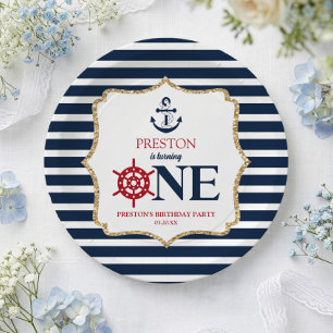 Nautical Navy Blue ONE First 1st Birthday Party Paper Plate