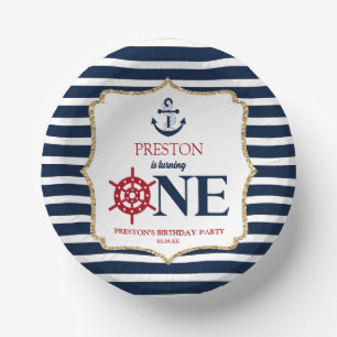 Nautical Navy Blue ONE First 1st Birthday Party Paper Plate