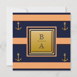 Nautical Navy Blue Orange Stripes Anchor Wedding I Invitation