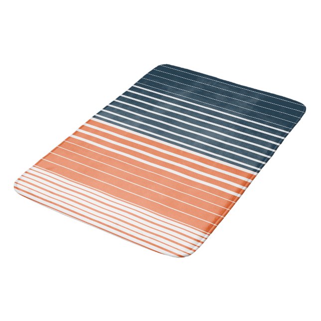 Nautical Navy Blue Orange Stripes  Bath Mat (Angled)