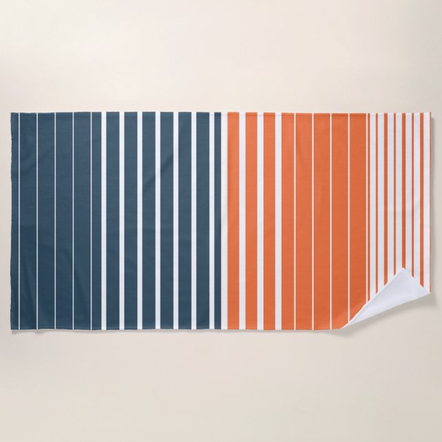 Nautical Navy Blue Orange Stripes Beach Towel (Front)
