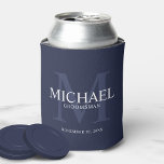 Nautical Navy Blue Personalised Groomsmen Can Cooler<br><div class="desc">Add a personal touch to your wedding with personalised groomsmen can cooler. This can cooler features personalised groomsman's name with title and wedding date in white and monogram in light navy blue as background, in classic serif font style, on navy blue background. Also perfect for best man, father of the...</div>