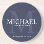 Nautical Navy Blue Personalised Groomsmen Coaster<br><div class="desc">Add a personal touch to your wedding with personalised groomsmen coaster. This coaster features personalised groomsman's name with title and wedding date in white and monogram in light navy blue as background, in classic serif font style, on navy blue background. Also perfect for best man, father of the bride, ring...</div>