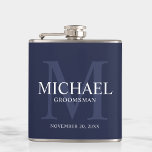 Nautical Navy Blue Personalised Groomsmen Hip Flask<br><div class="desc">Add a personal touch to your wedding with personalised groomsmen flask. This flask features personalised groomsman's name with title and wedding date in white and monogram in light navy blue as background, in classic serif font style, on navy blue background. Also perfect for best man, father of the bride, ring...</div>