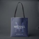 Nautical Navy Blue Personalised Groomsmen Tote Bag<br><div class="desc">Add a personal touch to your wedding with personalised groomsmen tote bag. This bag features personalised groomsman's name with title and wedding date in white and monogram in light navy blue as background, in classic serif font style, on navy blue background. Also perfect for best man, father of the bride,...</div>