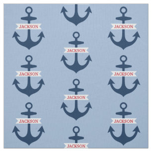 Nautical Navy Blue Personalised Name Boat Anchors Fabric