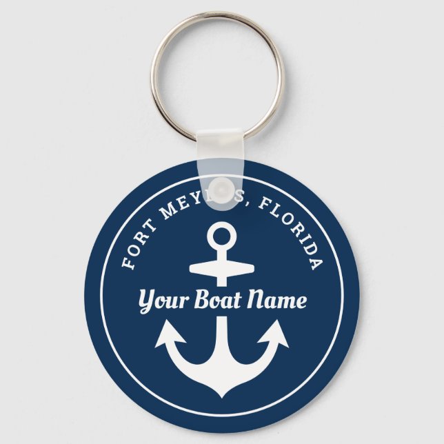 Nautical Navy Blue Personalized Boat Name Anchor Key Ring (Front)