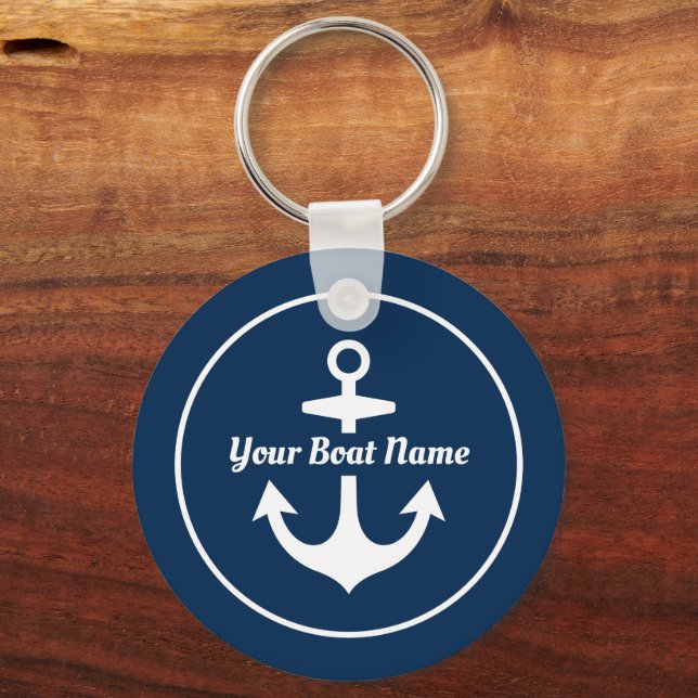 Nautical Navy Blue Personalized Boat Name Anchor Key Ring (Front)