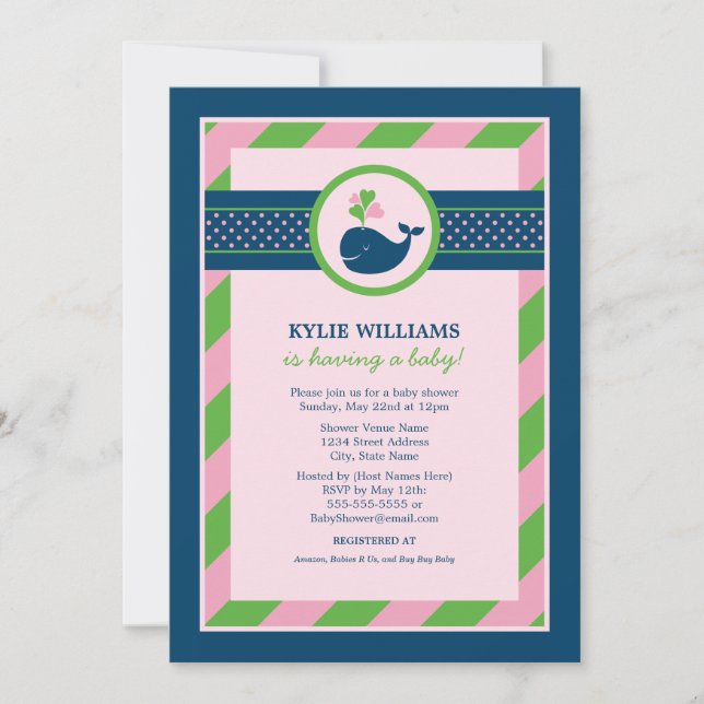 Nautical Navy Blue Pink Whale Girl Baby Shower Invitation (Front)