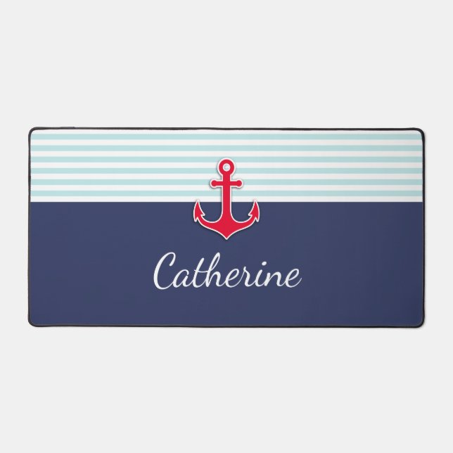 Nautical Navy Blue Red Anchor Custom Design Desk Mat (Front)