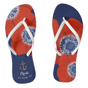 Nautical Navy Blue Red Cascading Anemones Bride Flip Flops