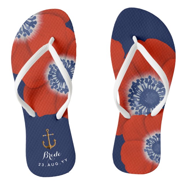 Nautical Navy Blue Red Cascading Anemones Bride Flip Flops (Footbed)
