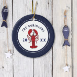 Nautical Navy Blue Red Lobster Family Custom Ceramic Tree Decoration<br><div class="desc">For the Christmas tree this fun nautical designed ornament includes everything maritime for a great gift. The navy blue and white design includes a red lobster and custom name and date fields for you to customise. Great for family beach house holiday decor or for those looking for ocean vacation souvenirs....</div>