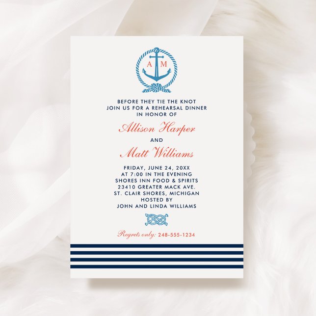 Nautical Navy Blue Red Wedding Rehearsal Dinner Invitation (Creator Uploaded)