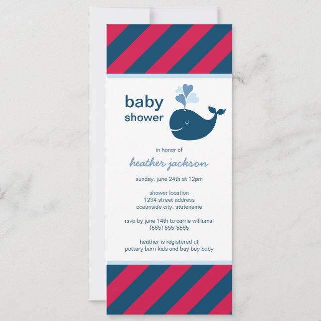 Nautical Navy Blue Red Whale Boy Baby Shower Invitation (Front)