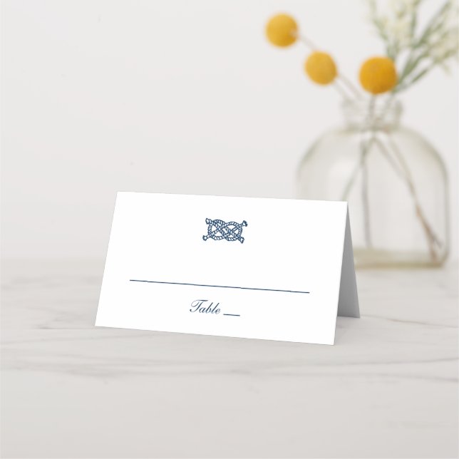 Nautical Navy Blue Rope Knot Stripes Wedding Place Card (Front)