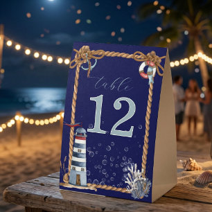 Nautical Navy Blue Rope & Lighthouse Table Number