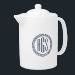 Nautical Navy Blue Rope Monogram<br><div class="desc">Nautical style monogrammed teapot features your three initial monogram in classic navy blue set inside a nautical rope circle badge. Perfect for beach houses,  blue kitchens or boat lovers.</div>