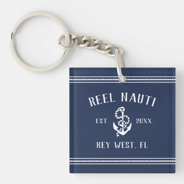 Nautical Navy Blue Rustic Anchor Boat Name Key Ring (Front)