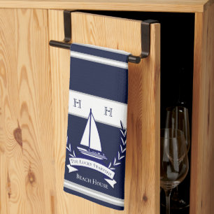 Nautical Navy Blue Sailboat Monogram Name  Kitchen Tea Towel