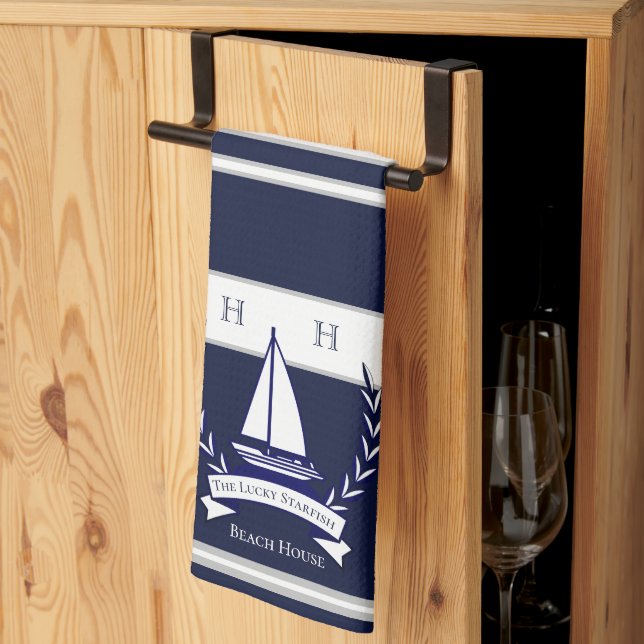 Nautical Navy Blue Sailboat Monogram Name  Tea Towel (Thirds Fold)