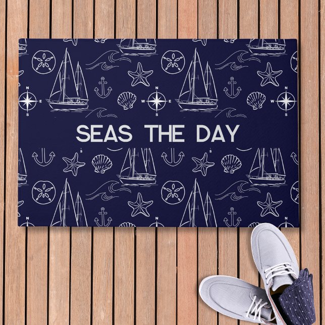 Nautical Navy Blue Sailboat Pattern Name  Doormat (Creator Uploaded)