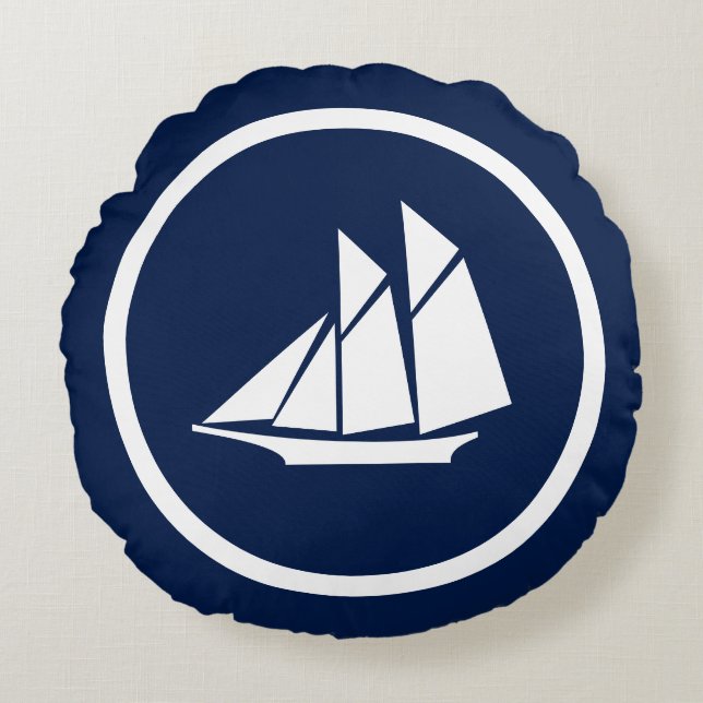 Nautical Navy blue Sailboat Seahorses Round Cushion (Front)