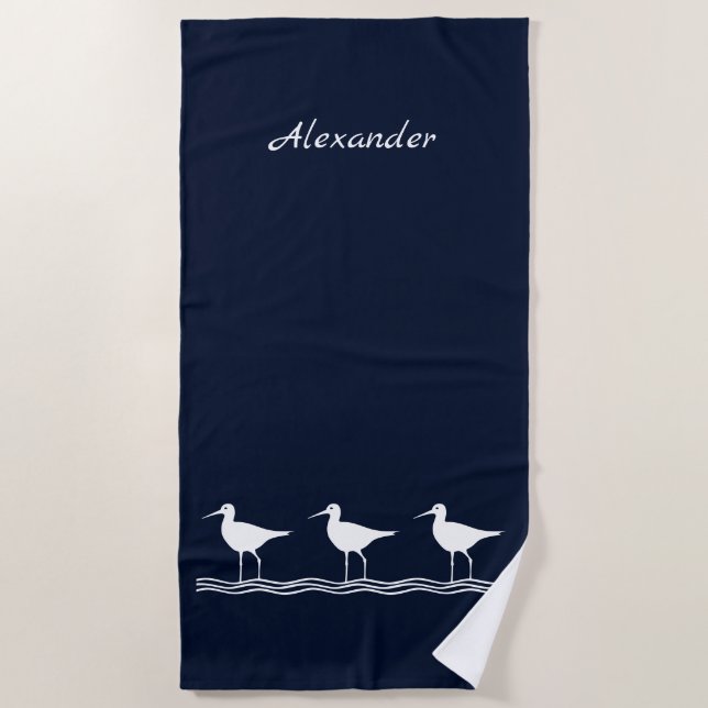 Nautical Navy Blue Sandpipers Birds Beach Towel (Front)