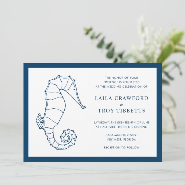 Nautical Navy Blue Sea Horse Beach Elegant Wedding Invitation (Standing Front)
