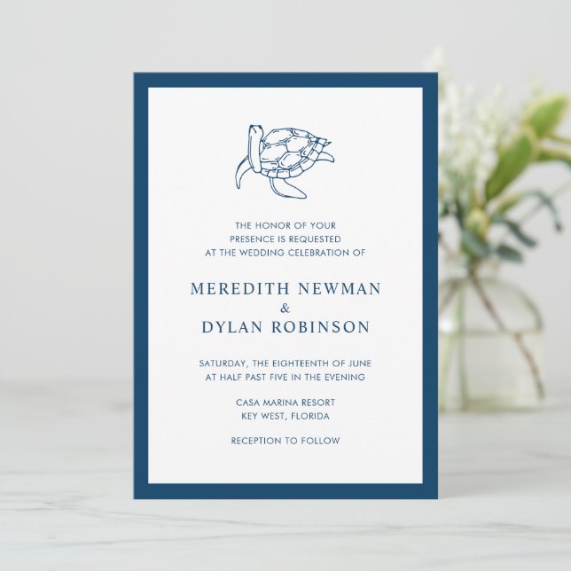 Nautical Navy Blue Sea Turtle Elegant Wedding Invitation (Standing Front)