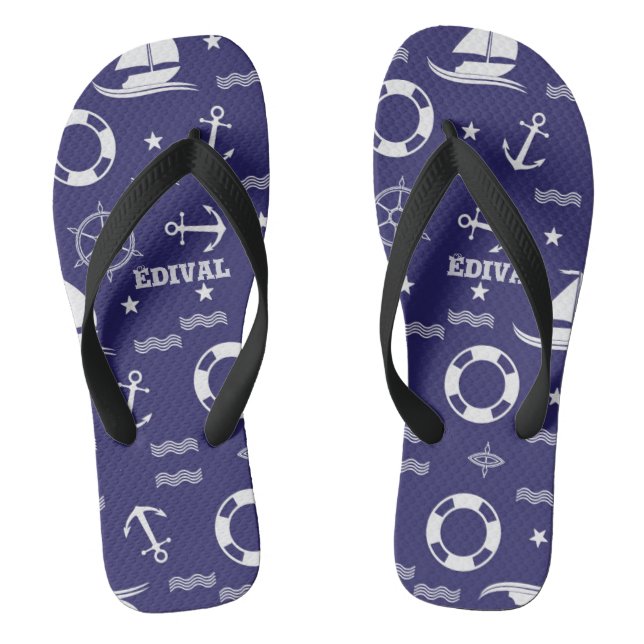 Nautical Navy Blue Seamless Patterns Background Flip Flops (Footbed)