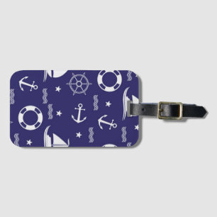 Nautical Navy Blue Seamless Patterns Background Luggage Tag
