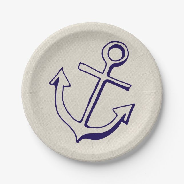 Nautical Navy Blue Ship Anchor Tan Wedding Paper Plate (Front)