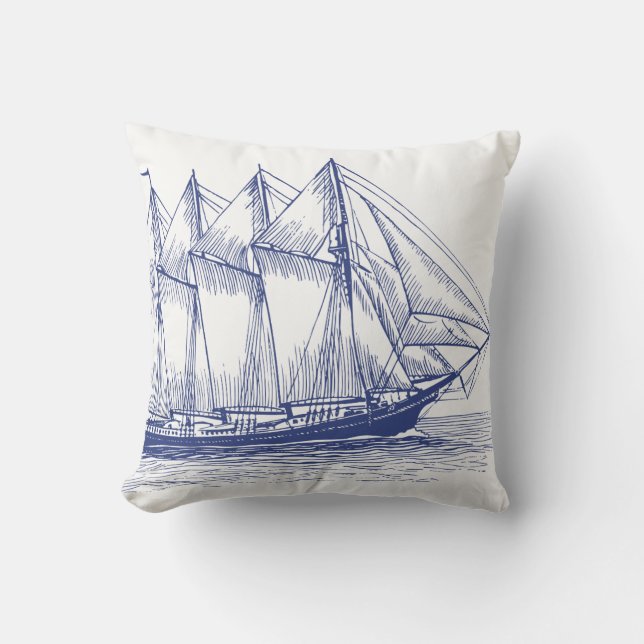 Nautical Navy Blue Ship Schooner Cushion (Front)
