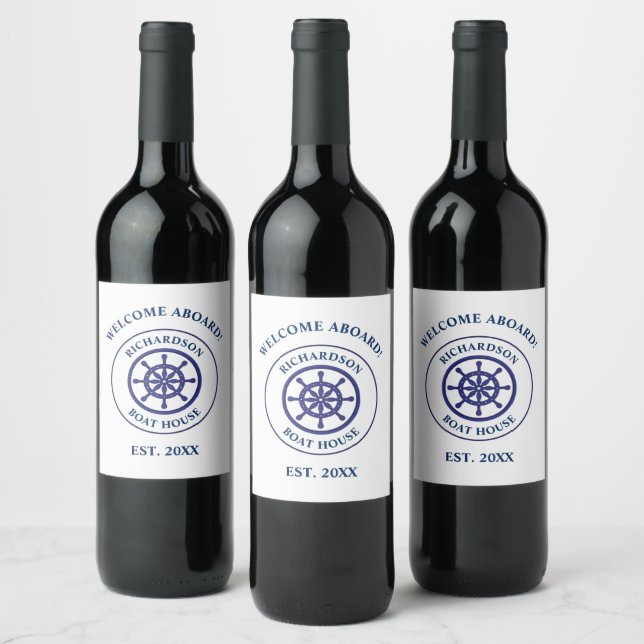 Nautical Navy Blue Ship Wheel Boat Name Sailing Wine Label (Bottles)