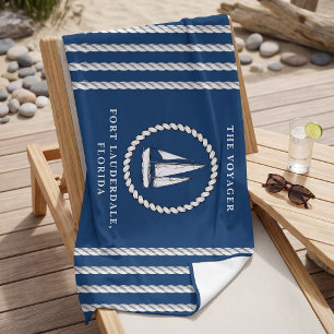 Nautical Navy Blue Ship's Wheel Anchor  Beach Towel