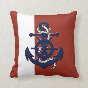 Nautical navy blue ship's wheel/anchor red cushion