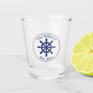 Nautical Navy Blue Ship's Wheel Family Monogram Shot Glass