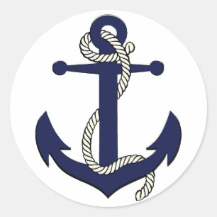 Nautical navy blue silhouette anchor rope classic round sticker