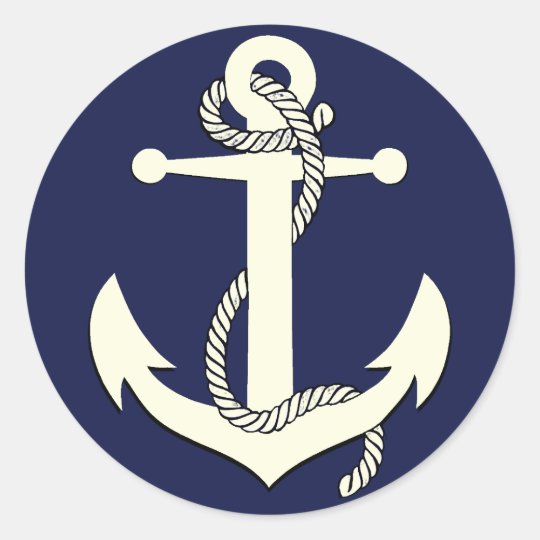 Nautical navy blue silhouette anchor rope classic round sticker ...