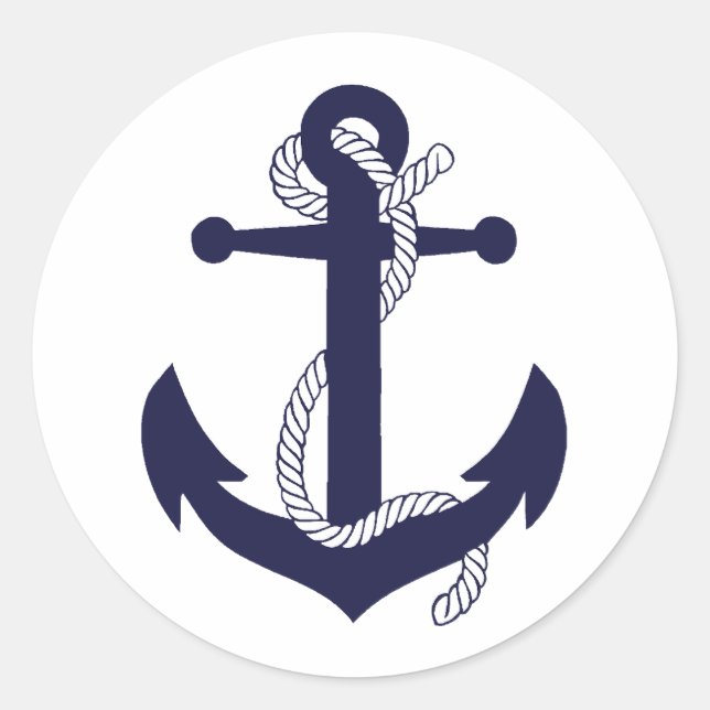 Nautical navy blue silhouette anchor rope/design 2 classic round sticker (Front)