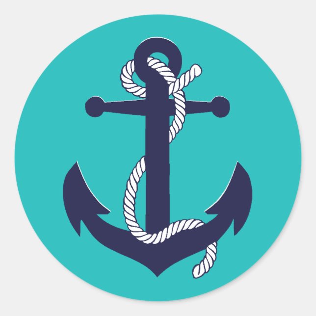 Nautical navy blue silhouette anchor rope/design 2 classic round sticker (Front)