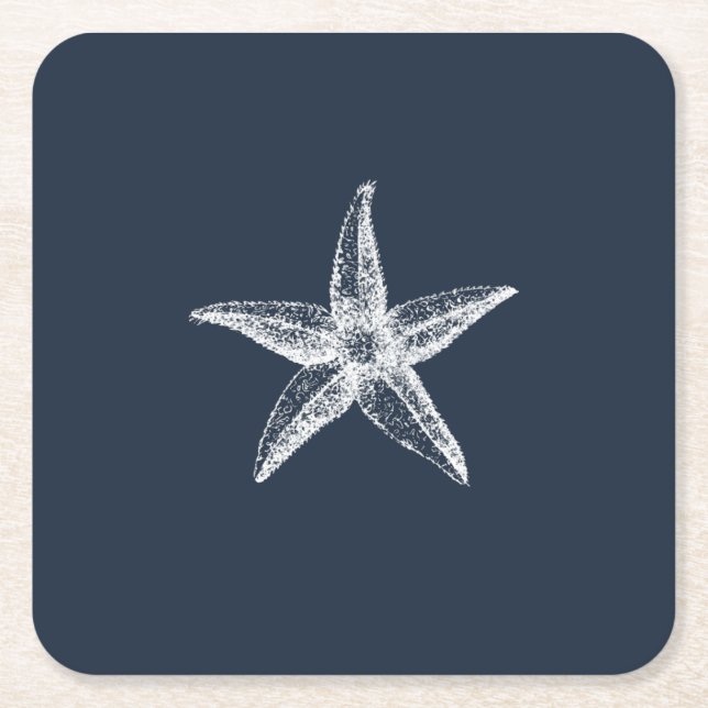 Nautical Navy Blue Simple Elegant Starfish Square Paper Coaster (Front)